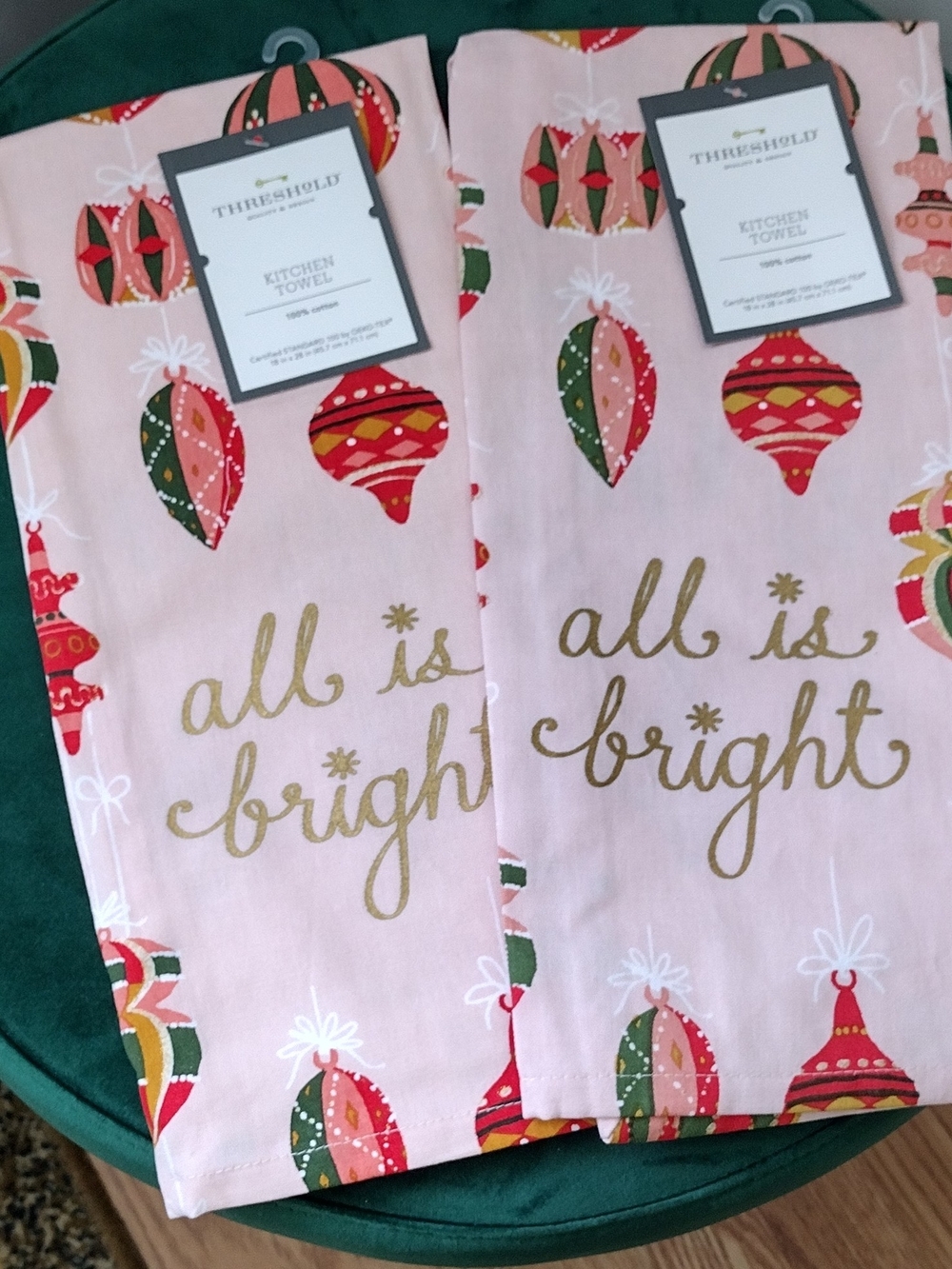 Set of 2 Cotton Pink Green Holiday Christmas Ornament Kitchen Towel